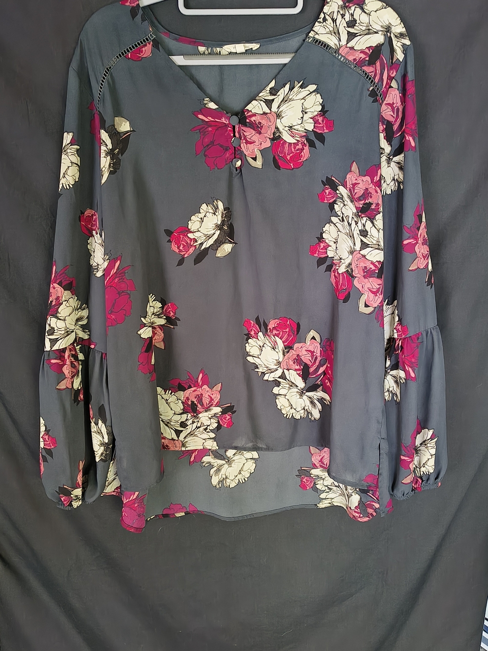 Maurices Slate Floral V-Neck Blouse with Pink & Cream Blooms